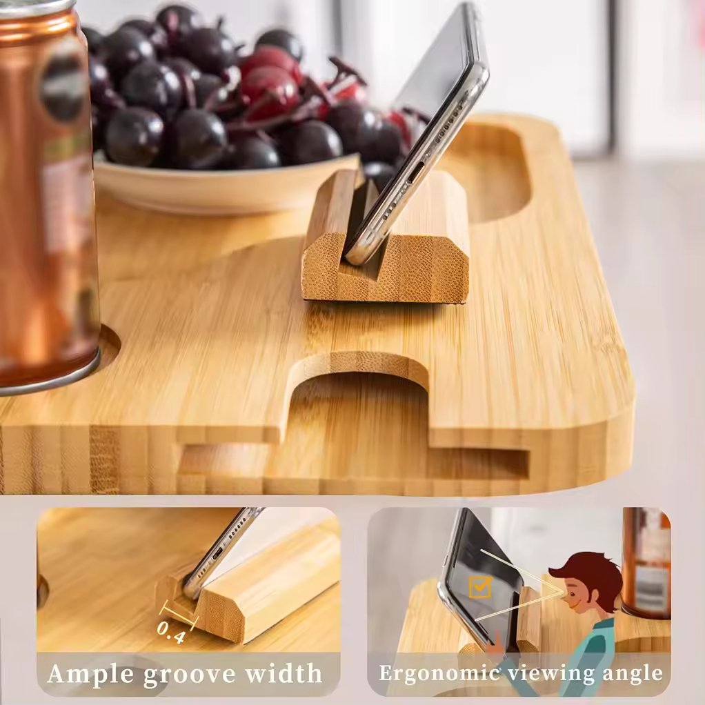 OWNSWING 360 Degree Rotating Phone and Cup Holder Anti-Slip Bamboo Couch Arm Table Tray Storage Box Hook Included