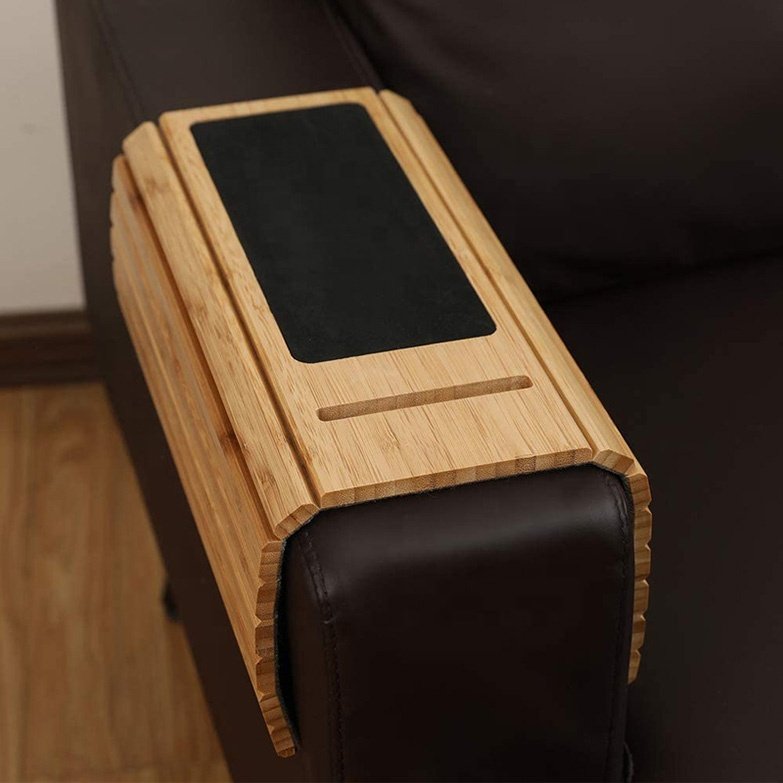 Hot Sale Couch Cup Holder Bamboo Wood Sofa Arm Tray Table Armrest Tray with Anti Slip Pad and Phone Holder