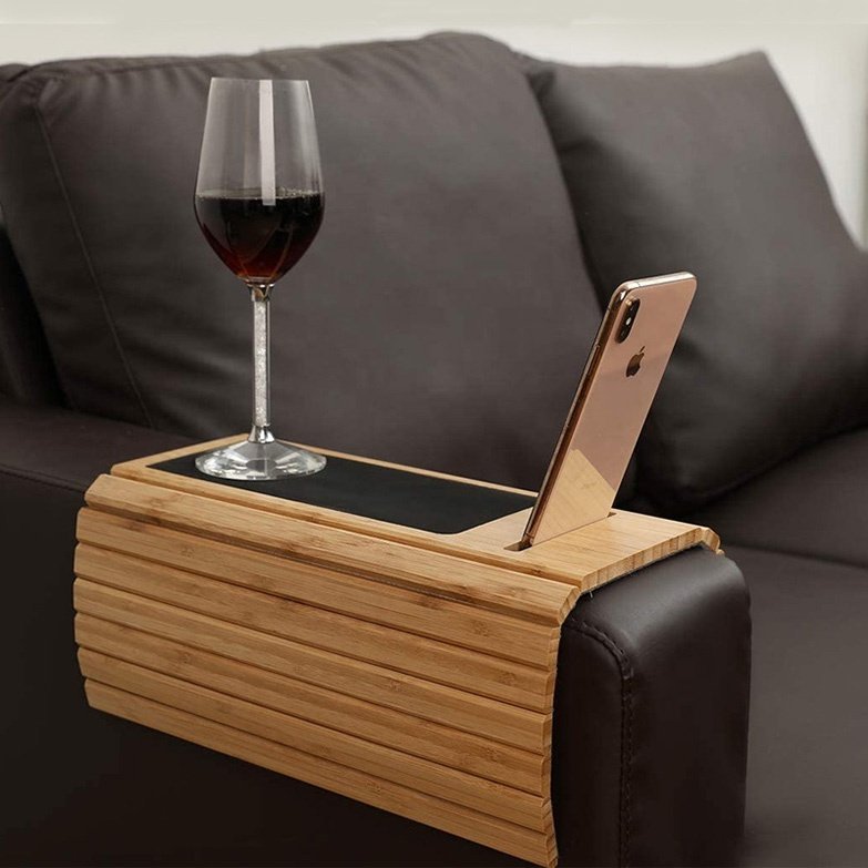 Hot Sale Couch Cup Holder Bamboo Wood Sofa Arm Tray Table Armrest Tray with Anti Slip Pad and Phone Holder