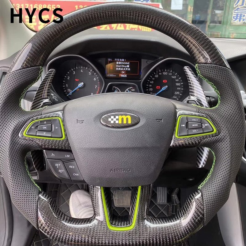 Custom car interior accessories carbon fiber steering wheel black flat leather for Ford Mustang Focus Mondeo