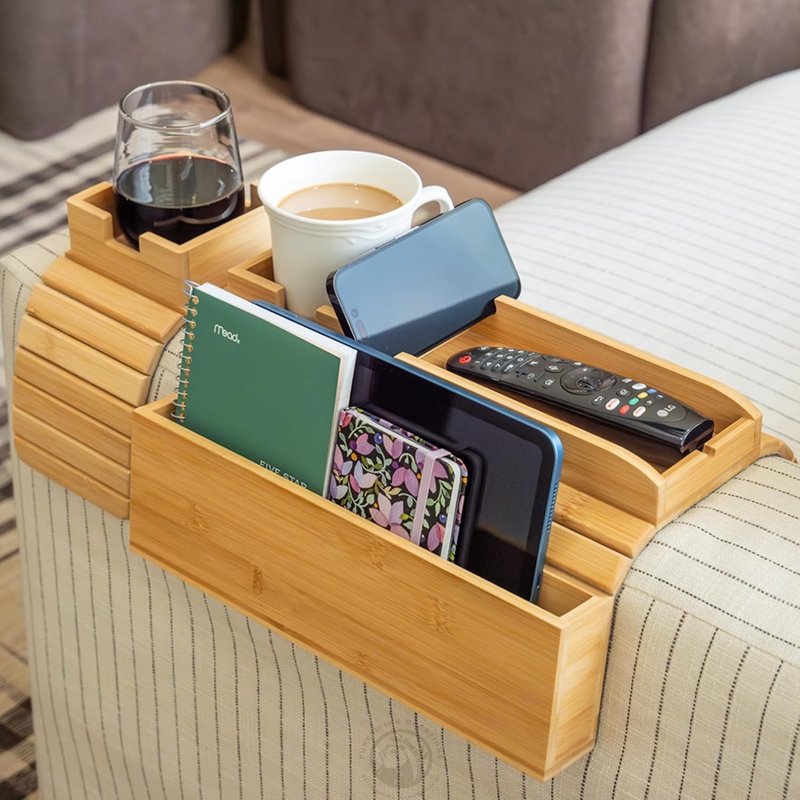 Two Pieces 100% Bamboo Non Slip Couch Arm Tray Armrest Tray Table for Couch with Cup Holder and Book Holder