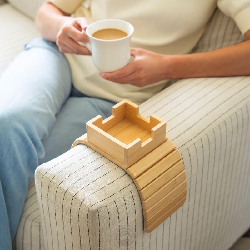 Two Pieces 100% Bamboo Non Slip Couch Arm Tray Armrest Tray Table for Couch with Cup Holder and Book Holder
