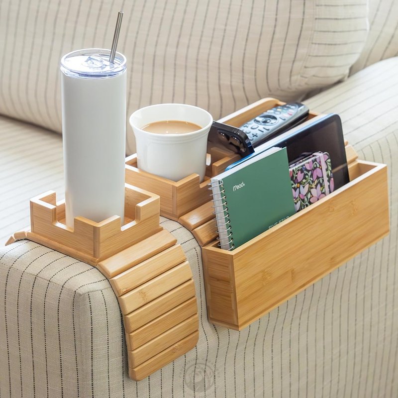 Two Pieces 100% Bamboo Non Slip Couch Arm Tray Armrest Tray Table for Couch with Cup Holder and Book Holder