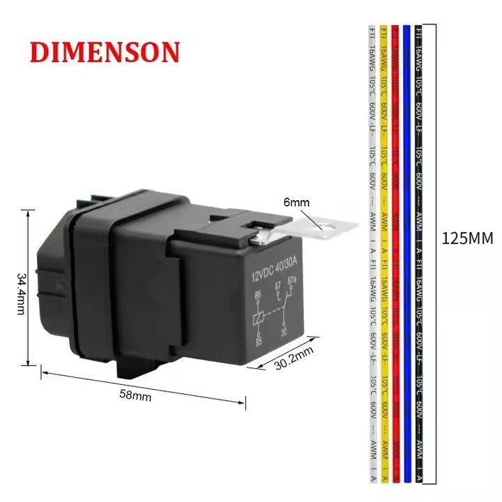 Waterproof Integrated Wired Automobile Relay 12V 40A 14AWG SPDT 5 Pin Car Relay With 125mm Length Wires