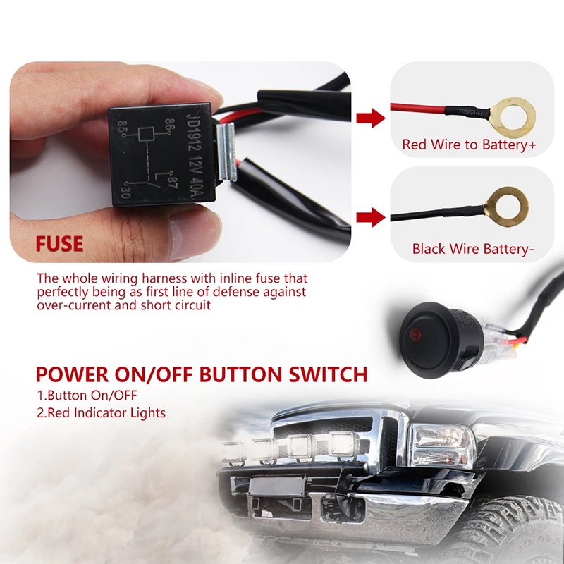 Co Light Car LED Light Bar Wire 3m 12V 24V 40A Wiring Harness Relay Loom Cableable
