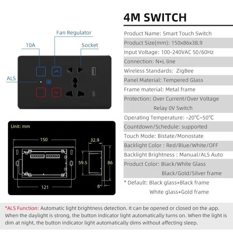 Customizable Smart Glass Light Switches From India 4M Zigbee APP Remote Control Timable & Voice Support Tuya Smart Fan Regulator