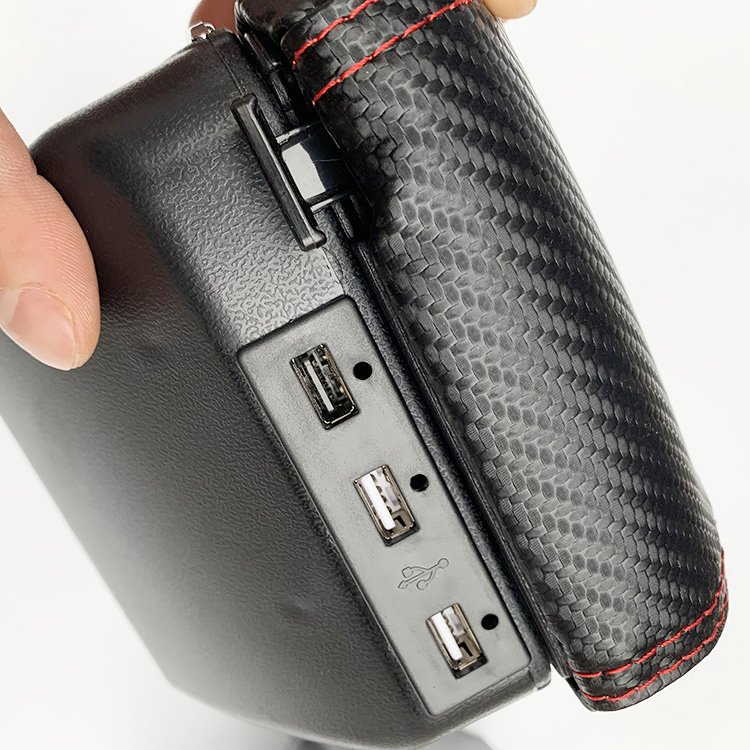 Universal Black Color Pu Leather 7 USB Design Slide and Double Layers Carbon Fiber Print Car Armrest Box