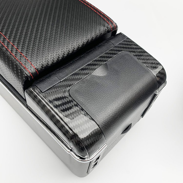 Universal Black Color Pu Leather 7 USB Design Slide and Double Layers Carbon Fiber Print Car Armrest Box