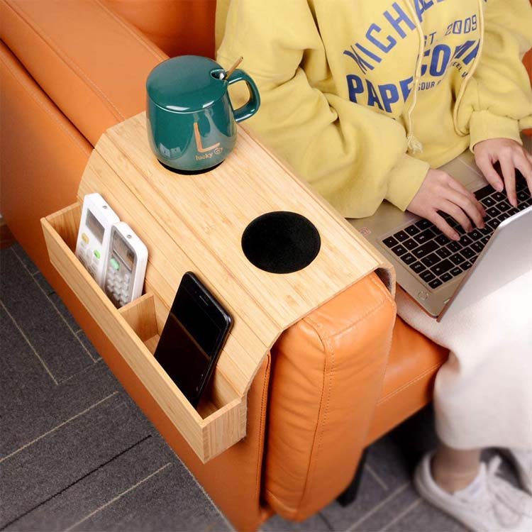 Trending WDF Bamboo Couch Sofa Arm Rest Storage Tray Armrest Couch Cup Holder coaster Tray Sofa Table With Two Compartment