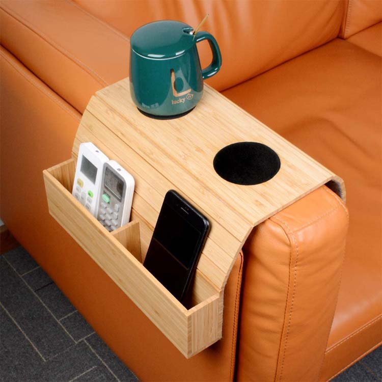 Trending WDF Bamboo Couch Sofa Arm Rest Storage Tray Armrest Couch Cup Holder coaster Tray Sofa Table With Two Compartment