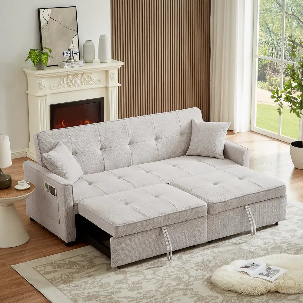 High Quality Ivory Fabric Sofa Bed Trundle Bed