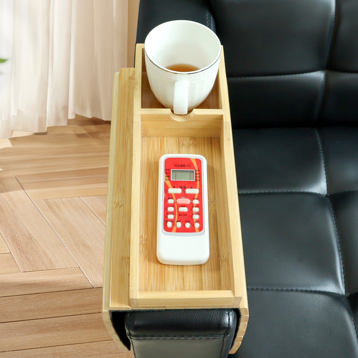 Hot Selling Detachable Magnetic Bamboo Wooden Snack Drinking Tea Coffee Cup Phone Holder Organizer Plank Sofa Couch Arm Tray