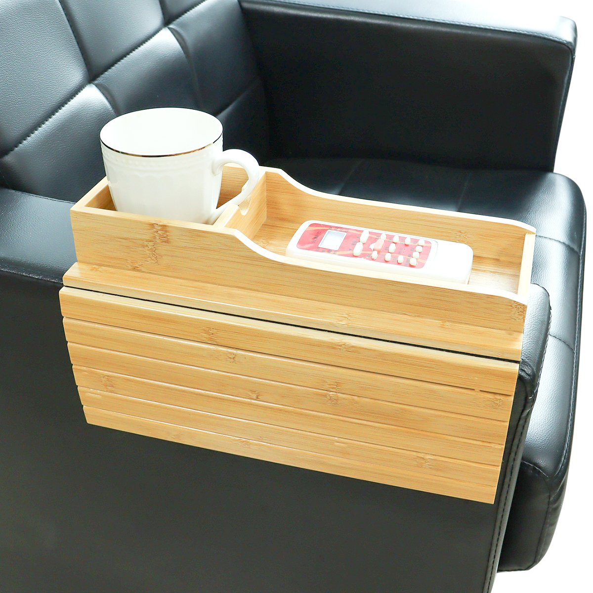 Hot Selling Detachable Magnetic Bamboo Wooden Snack Drinking Tea Coffee Cup Phone Holder Organizer Plank Sofa Couch Arm Tray