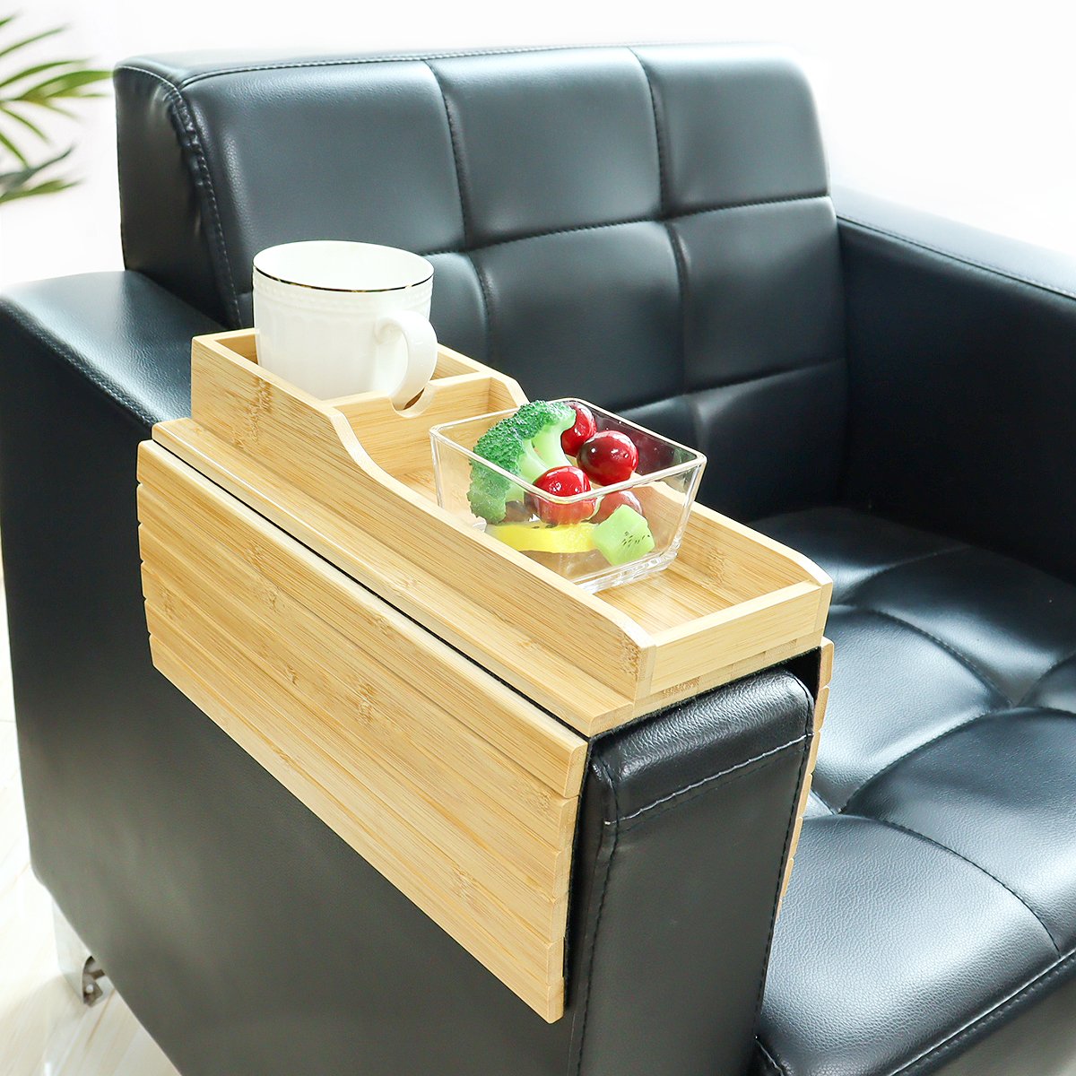 Hot Selling Detachable Magnetic Bamboo Wooden Snack Drinking Tea Coffee Cup Phone Holder Organizer Plank Sofa Couch Arm Tray