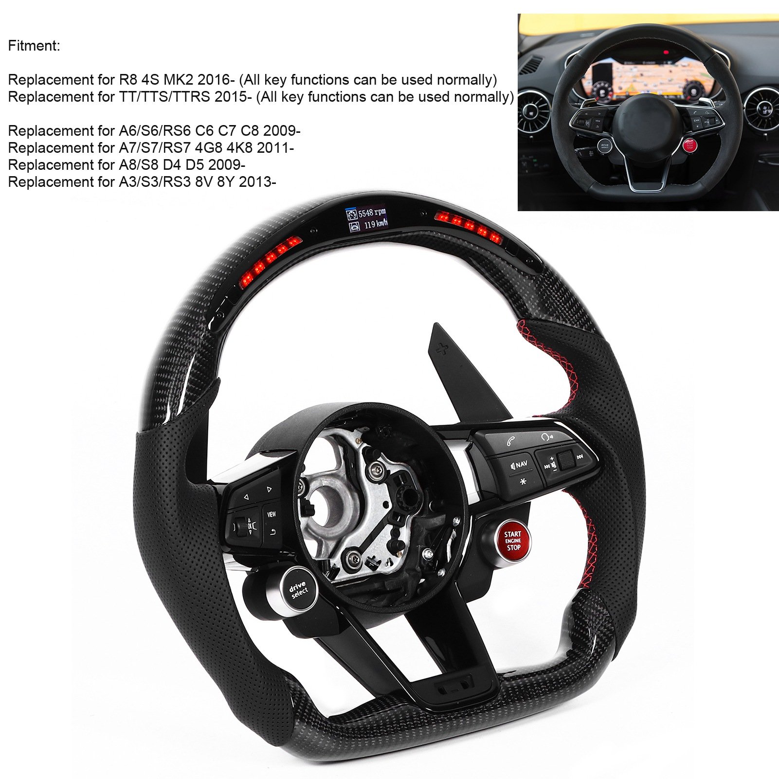 Carbon Fiber LED Display Shift Lights Steering Wheel Replacement for Audi R8 4S MK2 A6 S6 RS6 A7 S7 RS7 A8 S8 D4 D5 A3 S3