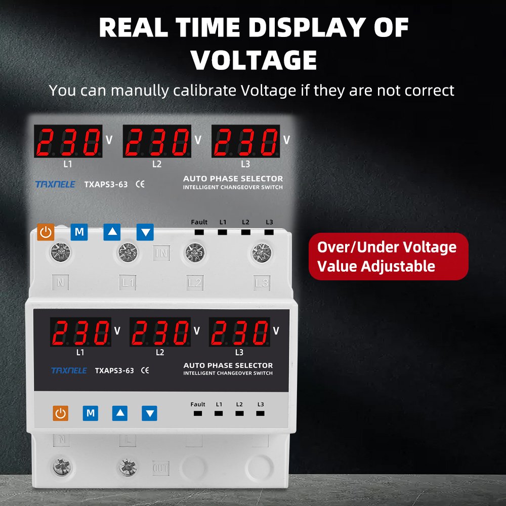 3P+N Three Phase Selector Voltmeter with Adjustable Over and Under Voltage protection Relays Protector Auto Changeover Switch