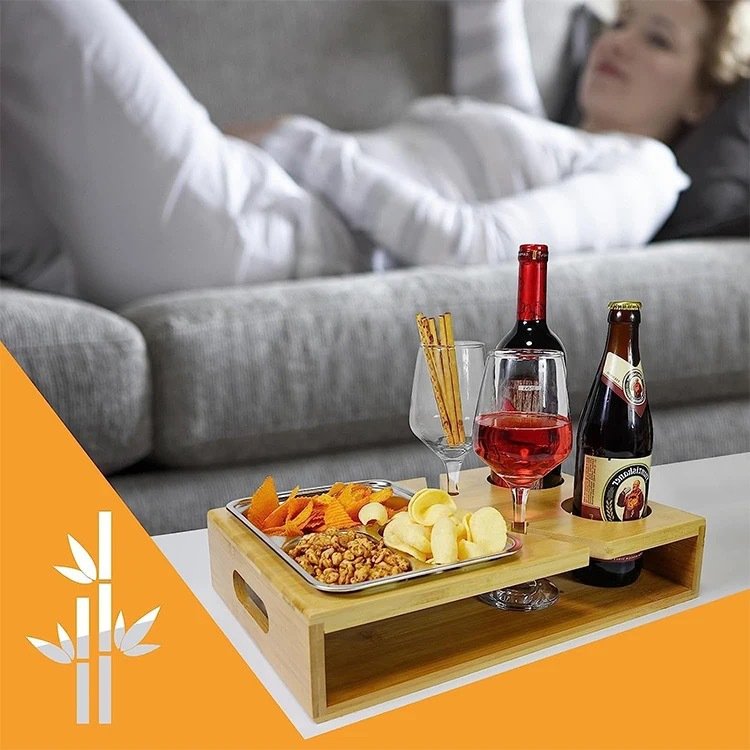 Royaumann Supplies Premium Bamboo Snacks Serving Tray Storage Organizer Shelf with Stainless Steel Plate for Armrest Counter Top