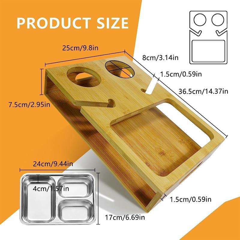 Royaumann Supplies Premium Bamboo Snacks Serving Tray Storage Organizer Shelf with Stainless Steel Plate for Armrest Counter Top