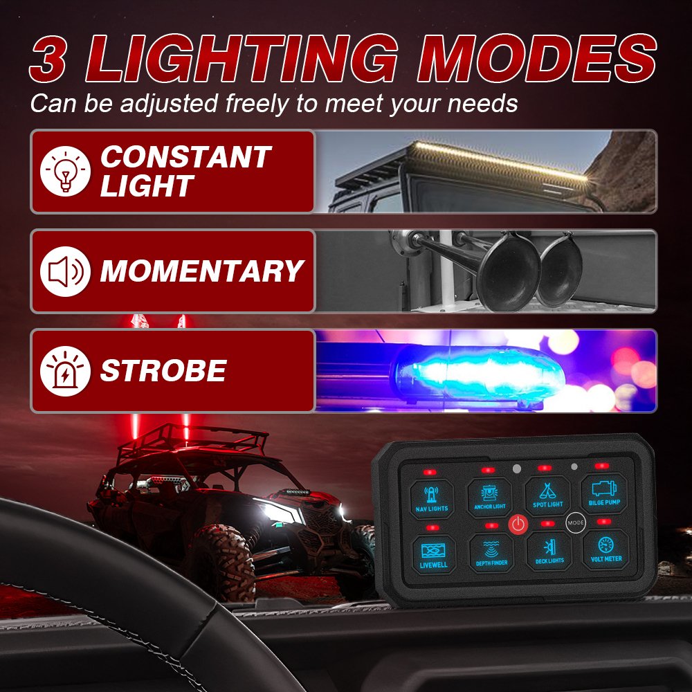 12V RGB Touch Switch Panel 8 Gang Auto Dim Relay Box for Trucks ATV RV Offroad Switch Panel