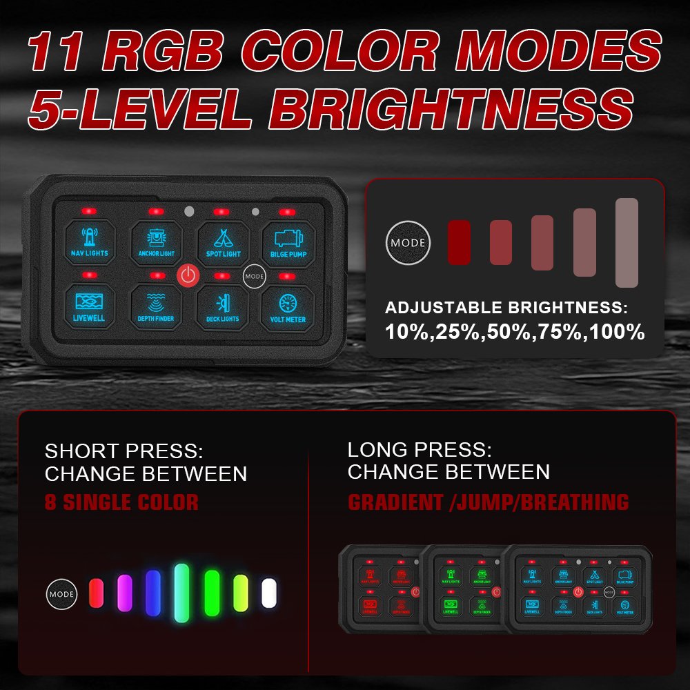 12V RGB Touch Switch Panel 8 Gang Auto Dim Relay Box for Trucks ATV RV Offroad Switch Panel