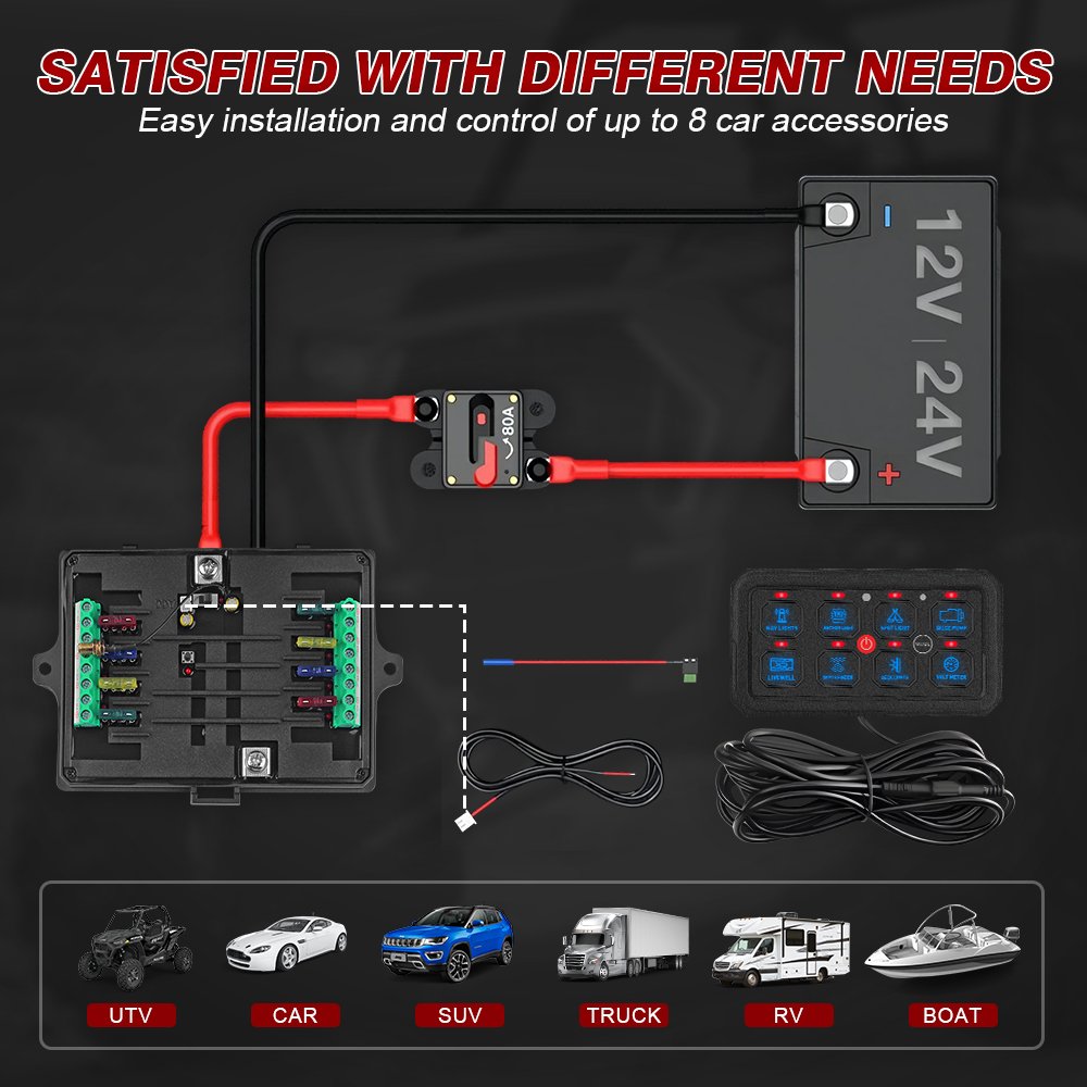 12V RGB Touch Switch Panel 8 Gang Auto Dim Relay Box for Trucks ATV RV Offroad Switch Panel