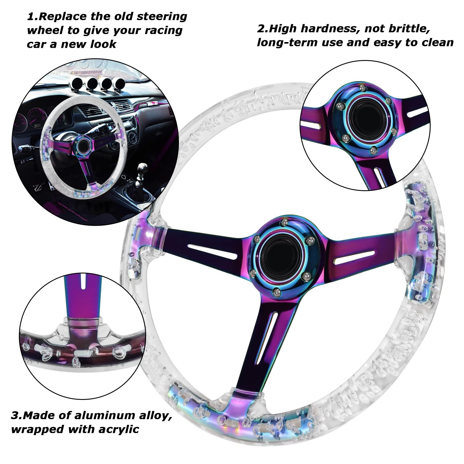 JDM Accessories Racing Universal 14inch 350mm Crystal luminous Acrylic Car Steering Wheel titanium burnt blue Neo chrome Bracket