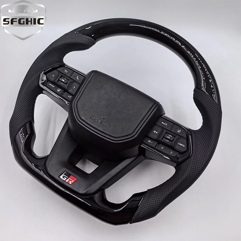 Custom Type D Bright Black Carbon-Brazed Leather Assembly Steering Wheel For Toyota Land Cruiser LC200 2006-2023