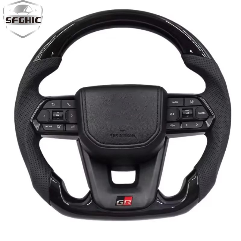 Custom Type D Bright Black Carbon-Brazed Leather Assembly Steering Wheel For Toyota Land Cruiser LC200 2006-2023