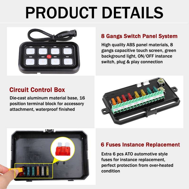 Auto Accessories 12V 24V 60A Fuse Relay Box Switch Control Panel Electronic Relay System 8 Gang Switch Panel ON-Off LED Switch