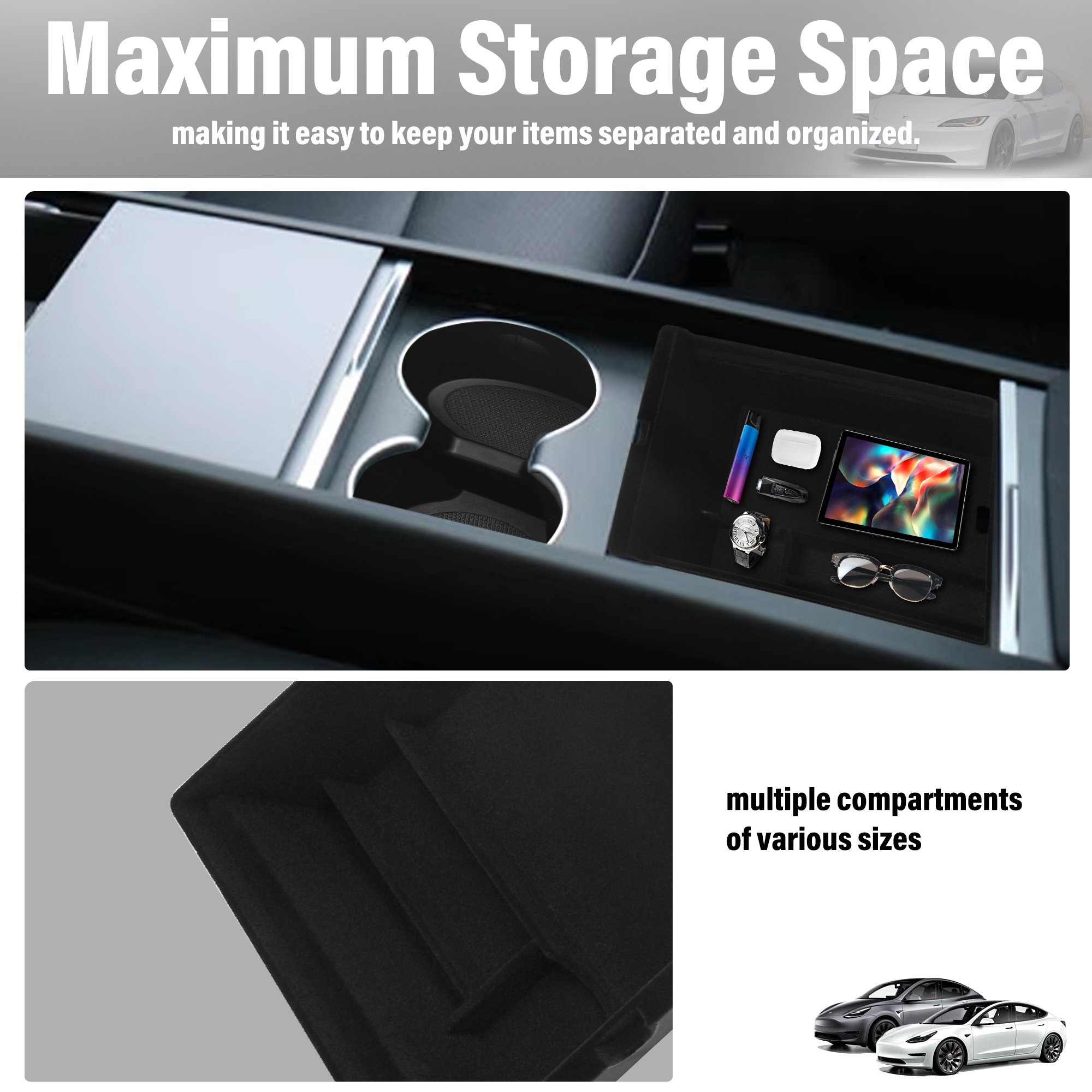 Armrest Hidden Drawer Storage Cup Holder Center Console Organizer Tray Compatible for Tesla Model 3 2024 Highland Accessories