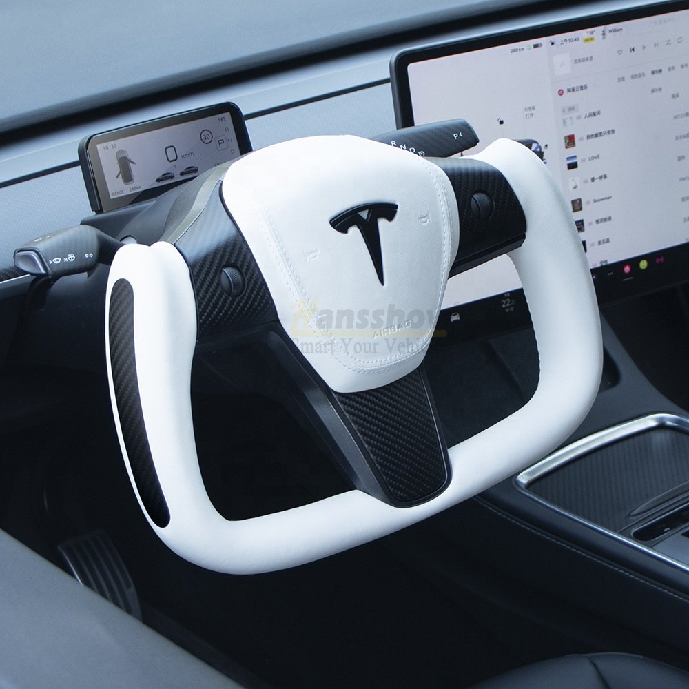 Hansshow Model 3 Y Real Carbon Fiber Yoke Steering Wheel For Tesla Custom Alcantara Steering Wheel Modification