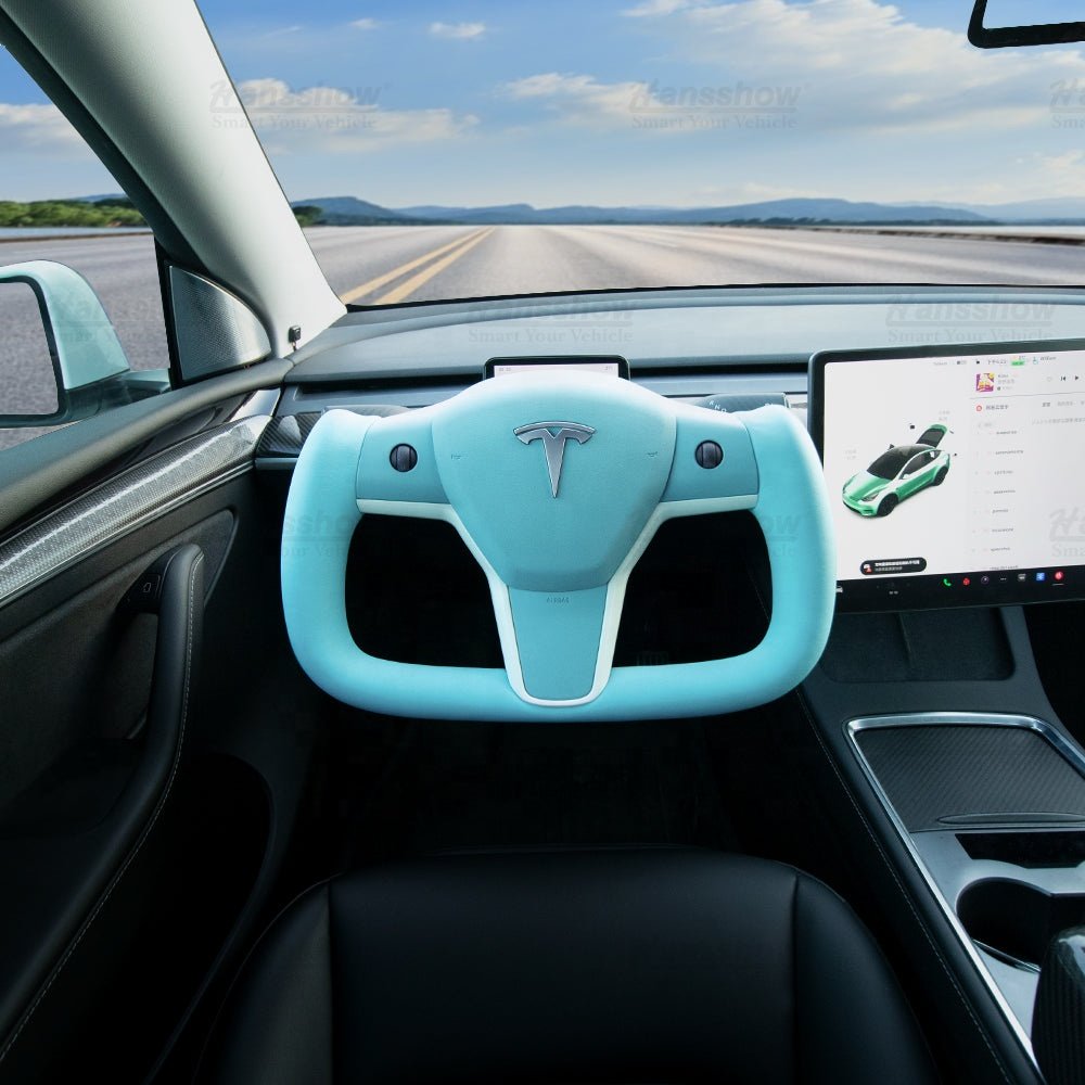 Hansshow Model 3 Y Real Carbon Fiber Yoke Steering Wheel For Tesla Custom Alcantara Steering Wheel Modification