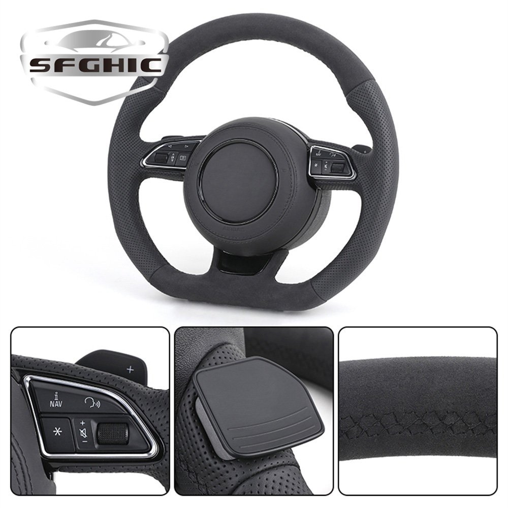 S-Line Sport Flat Bottom Leather Steering Wheel For Audi A6 C7 A3 A4 B8 B9 S5 A5 Q5 RS3 RS7 A7 Q7 Car Steering Wheel