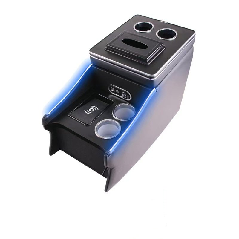Wholesale Atmosphere Light USB Charger Cup Holder Front Leather Car Central Console Storage Box Organizer Tray for Modified Cars