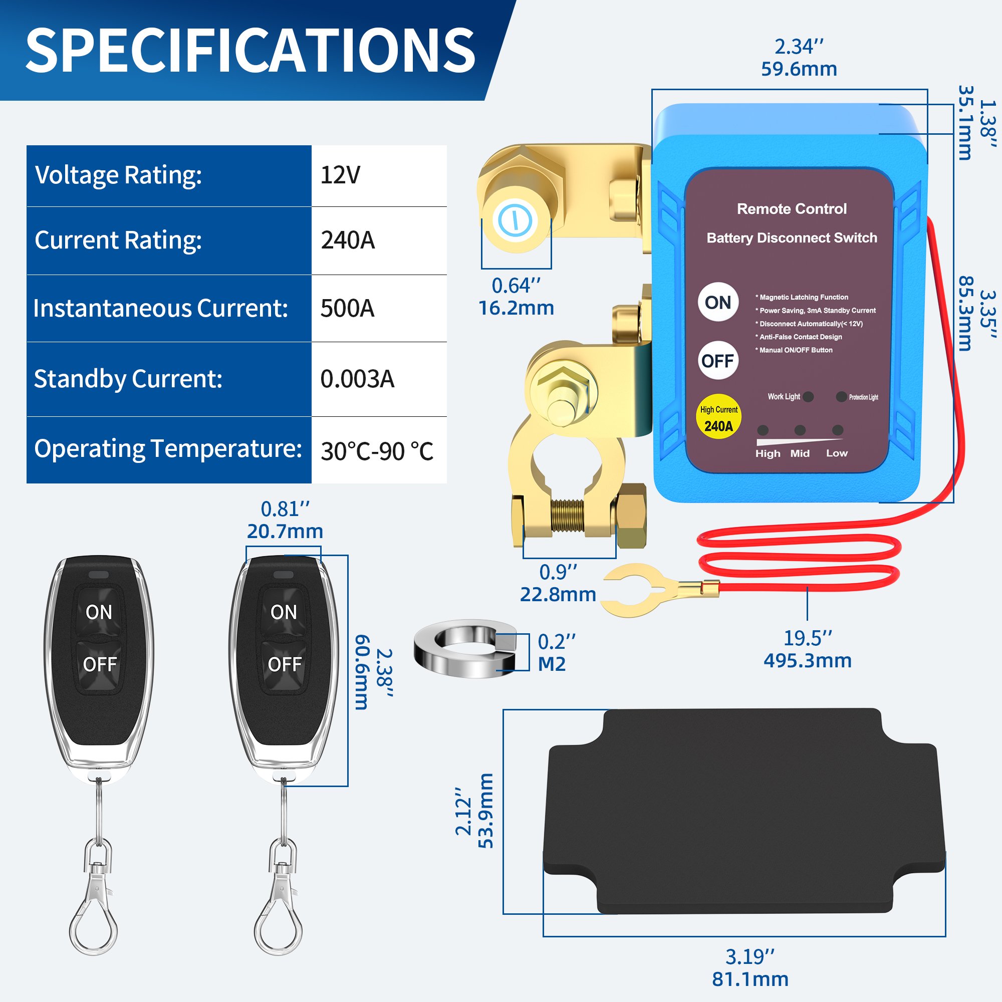 240A Remote Battery Disconnect Blue Color Kill Switch Battery Power Cut Off Remote Control Relay Switch With 2 Keys For Truck