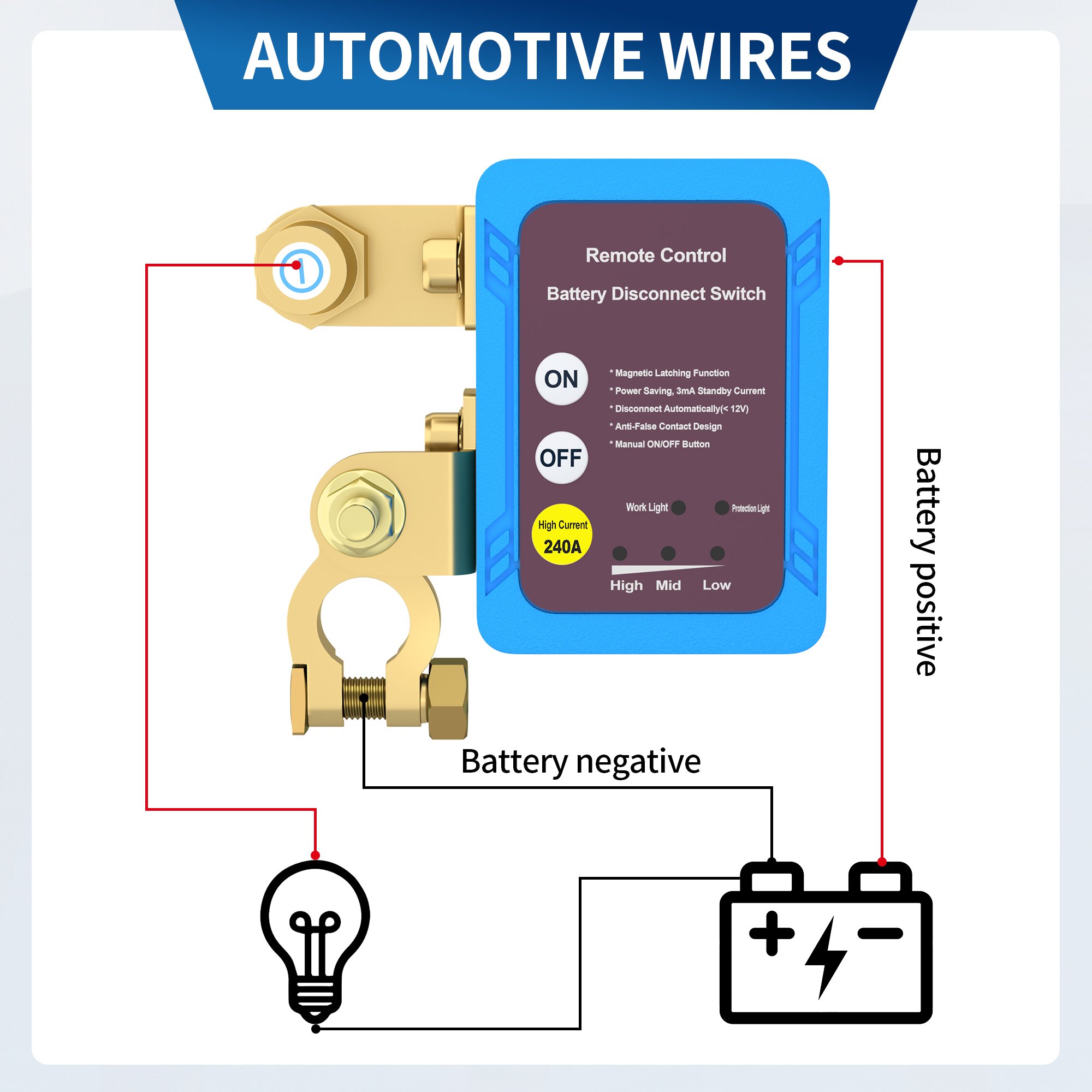240A Remote Battery Disconnect Blue Color Kill Switch Battery Power Cut Off Remote Control Relay Switch With 2 Keys For Truck