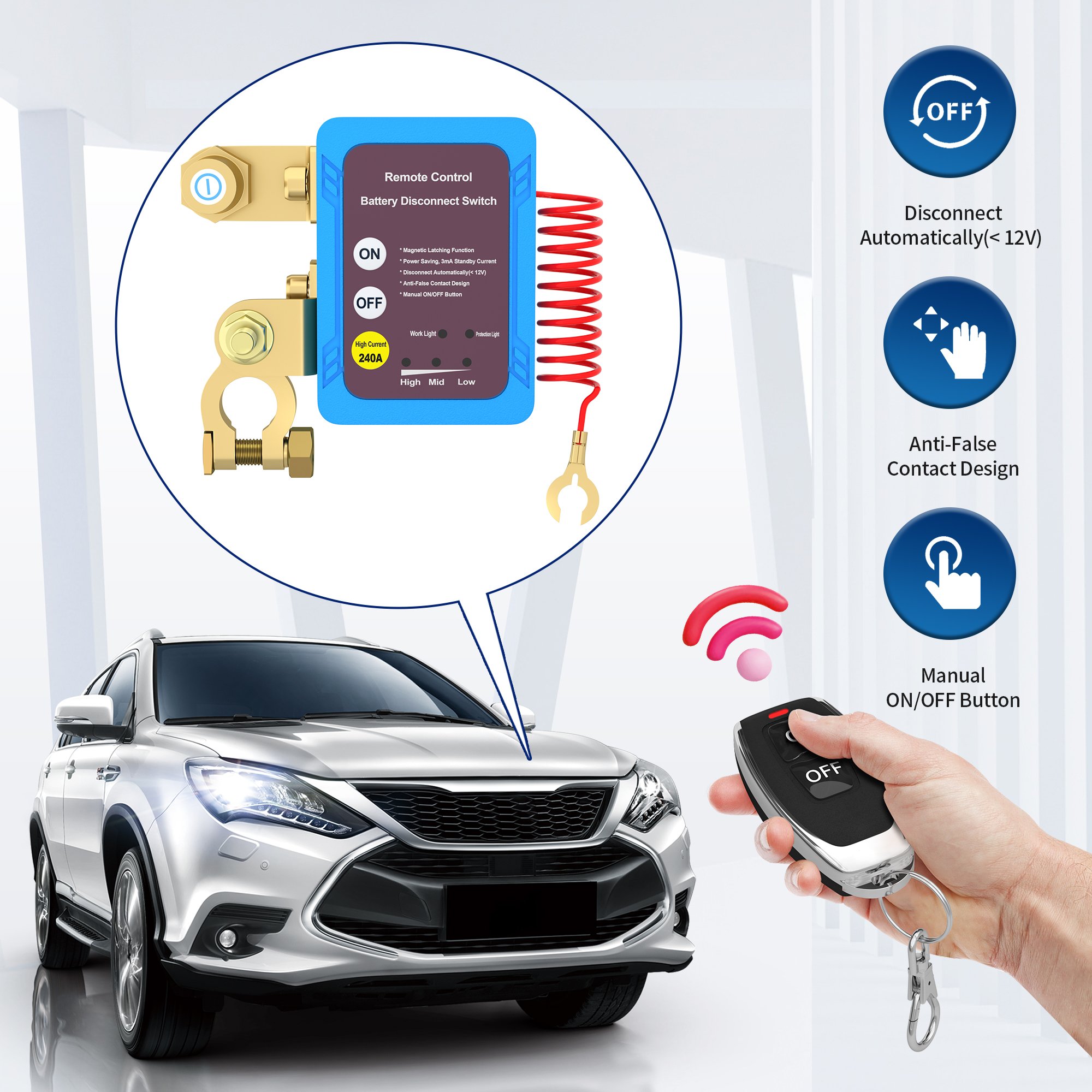 240A Remote Battery Disconnect Blue Color Kill Switch Battery Power Cut Off Remote Control Relay Switch With 2 Keys For Truck