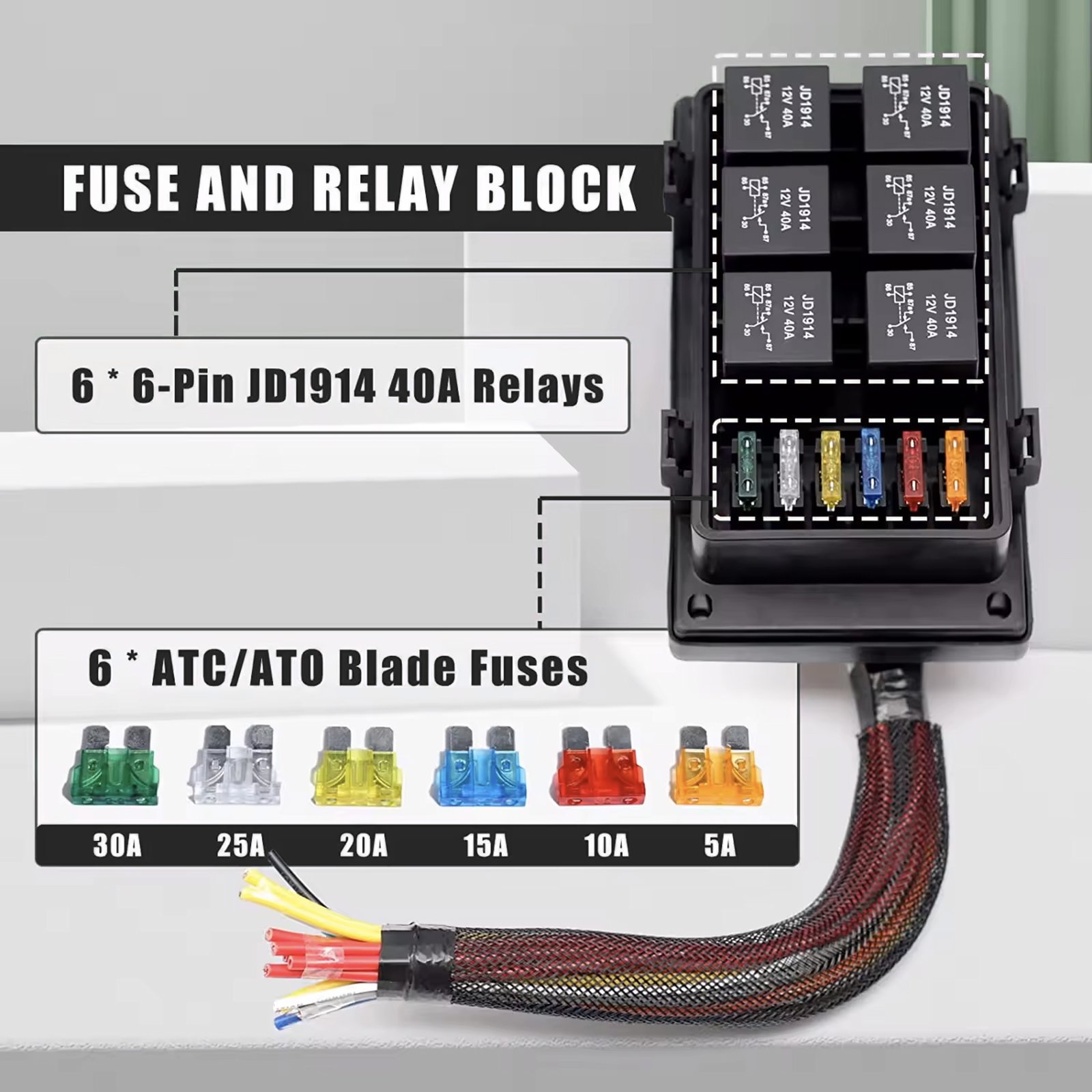 Automotive Fused Relay Box Universal Fuse Block and Relay Kit, 6 Way Fuse Relay Box With Pre-Wires for Cars Trucks Marine Boat