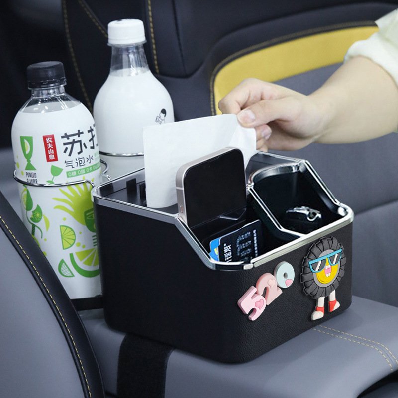 Cartoon Cute Car Armrest Storage Box Plastic Tissue and Water Cup Holder for Vehicle Organization