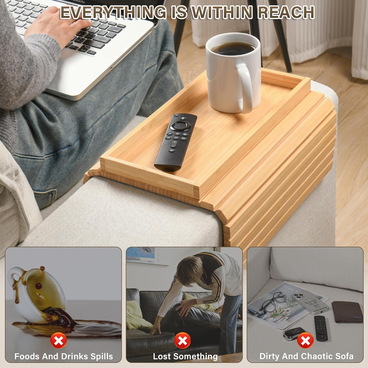 Foldable Bamboo Sofa Couch Arm Storage Tray Cup Holder Table Couch Arm Table Tray With Be Slide Detachable Tray Drinks Cup