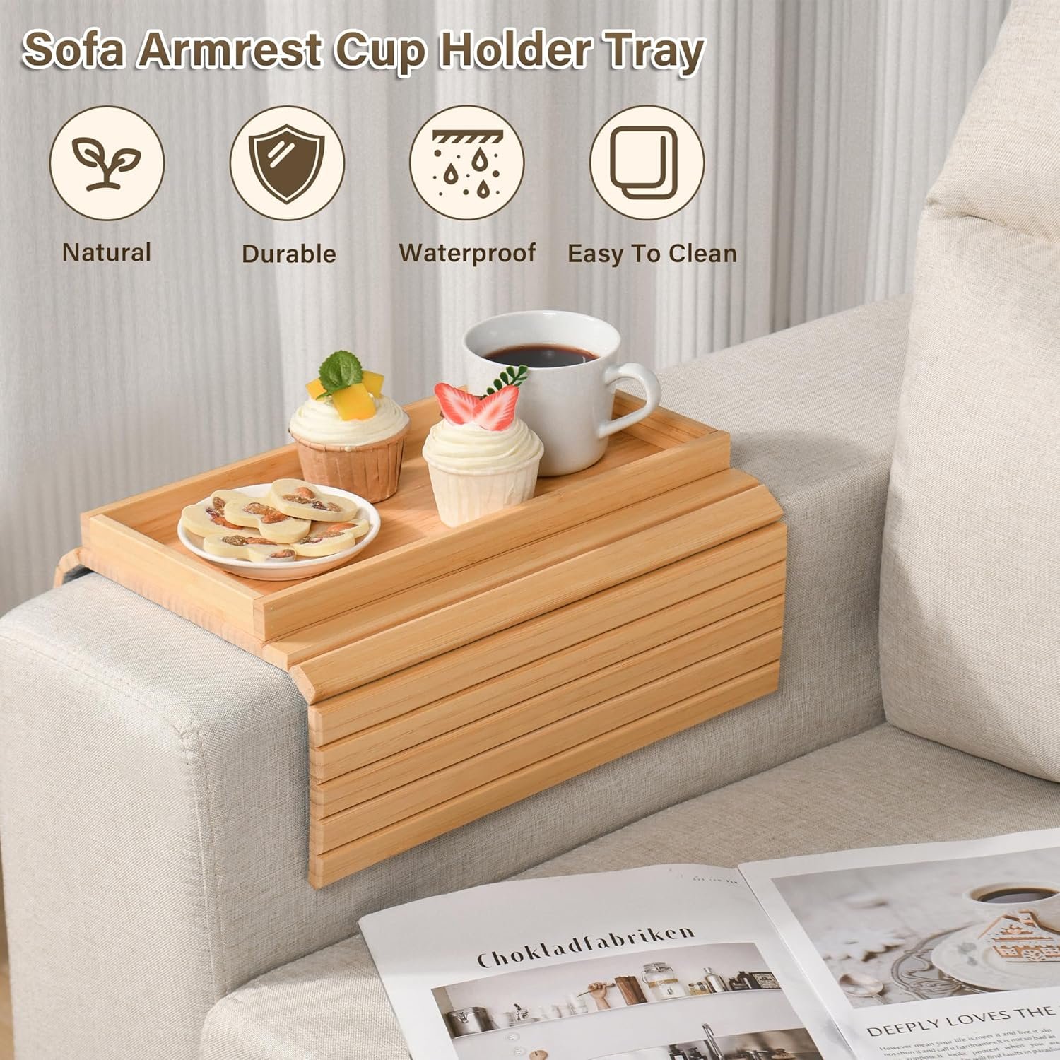 Foldable Bamboo Sofa Couch Arm Storage Tray Cup Holder Table Couch Arm Table Tray With Be Slide Detachable Tray Drinks Cup