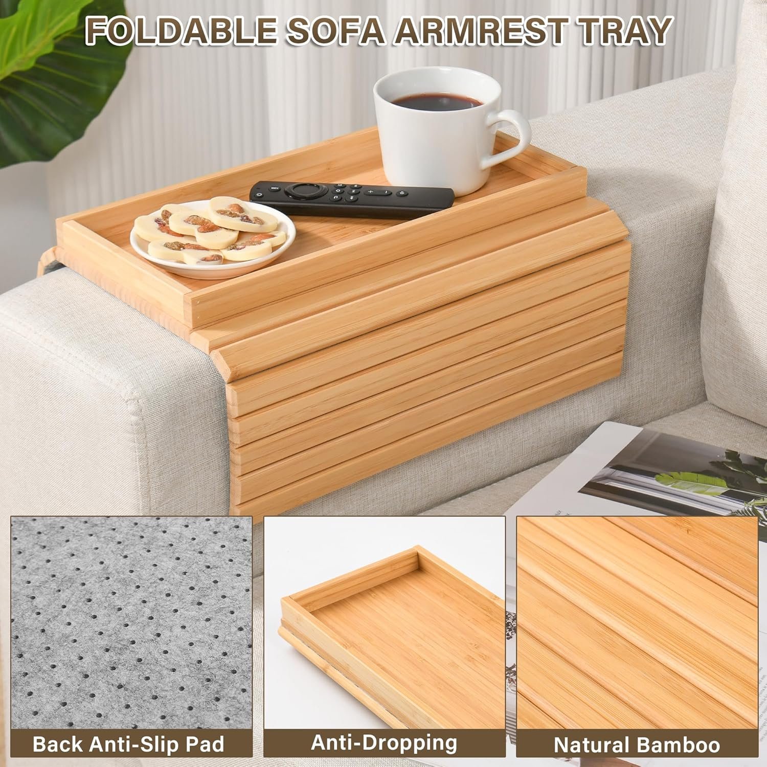 Foldable Bamboo Sofa Couch Arm Storage Tray Cup Holder Table Couch Arm Table Tray With Be Slide Detachable Tray Drinks Cup
