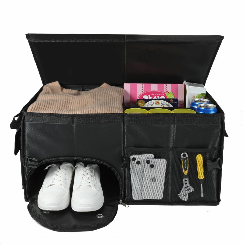 Car Trunk Organizer Storage Box with Lid Car Storage Organizer Collapsible Multi Compartment Car Organizer with Shoe Bag for SUV