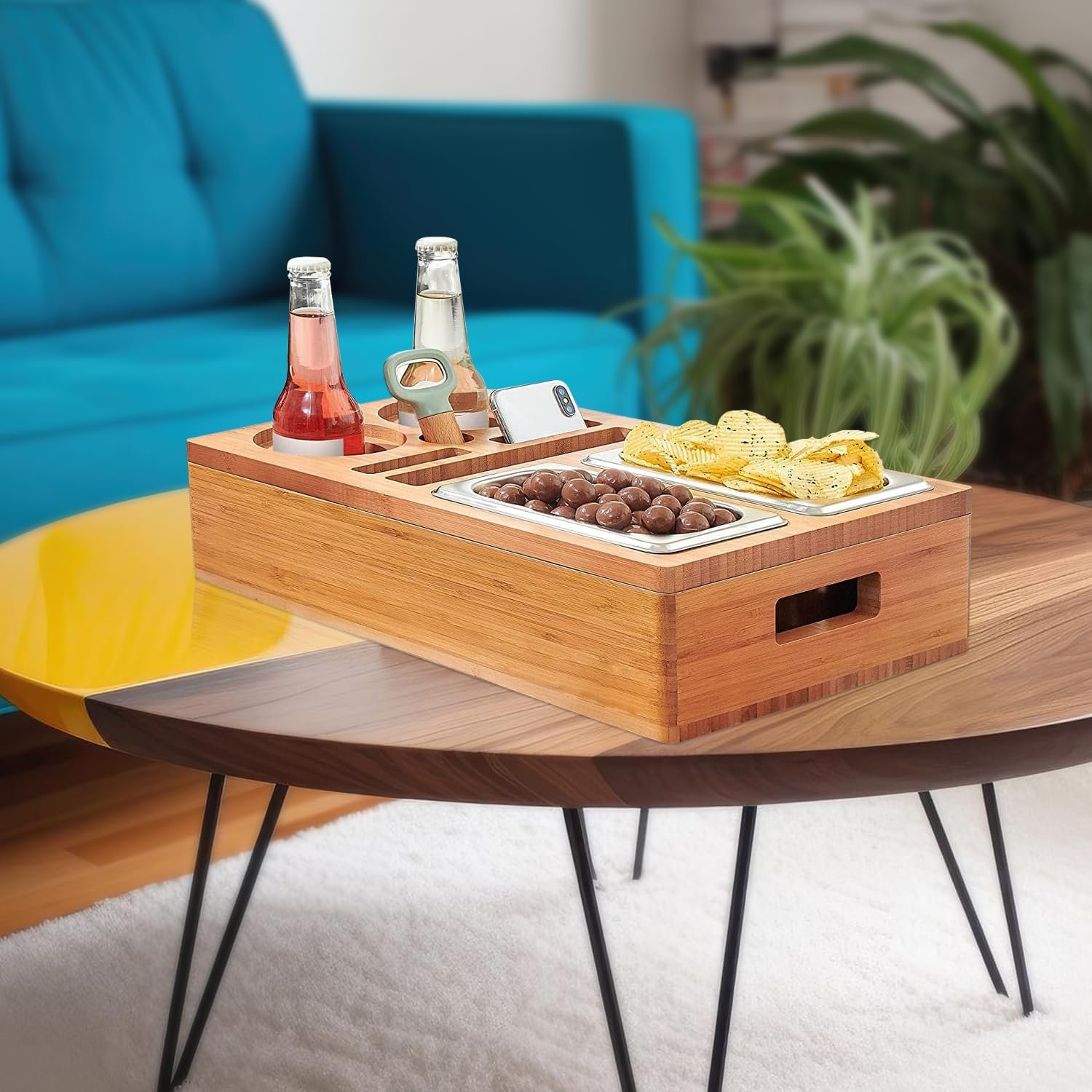 Wholesale 2025 Hot Selling Bamboo Sofa Snack Caddy TV Tray with 2 Red Wine Glass Holder Bed Snack Tray Couch Cup Holder