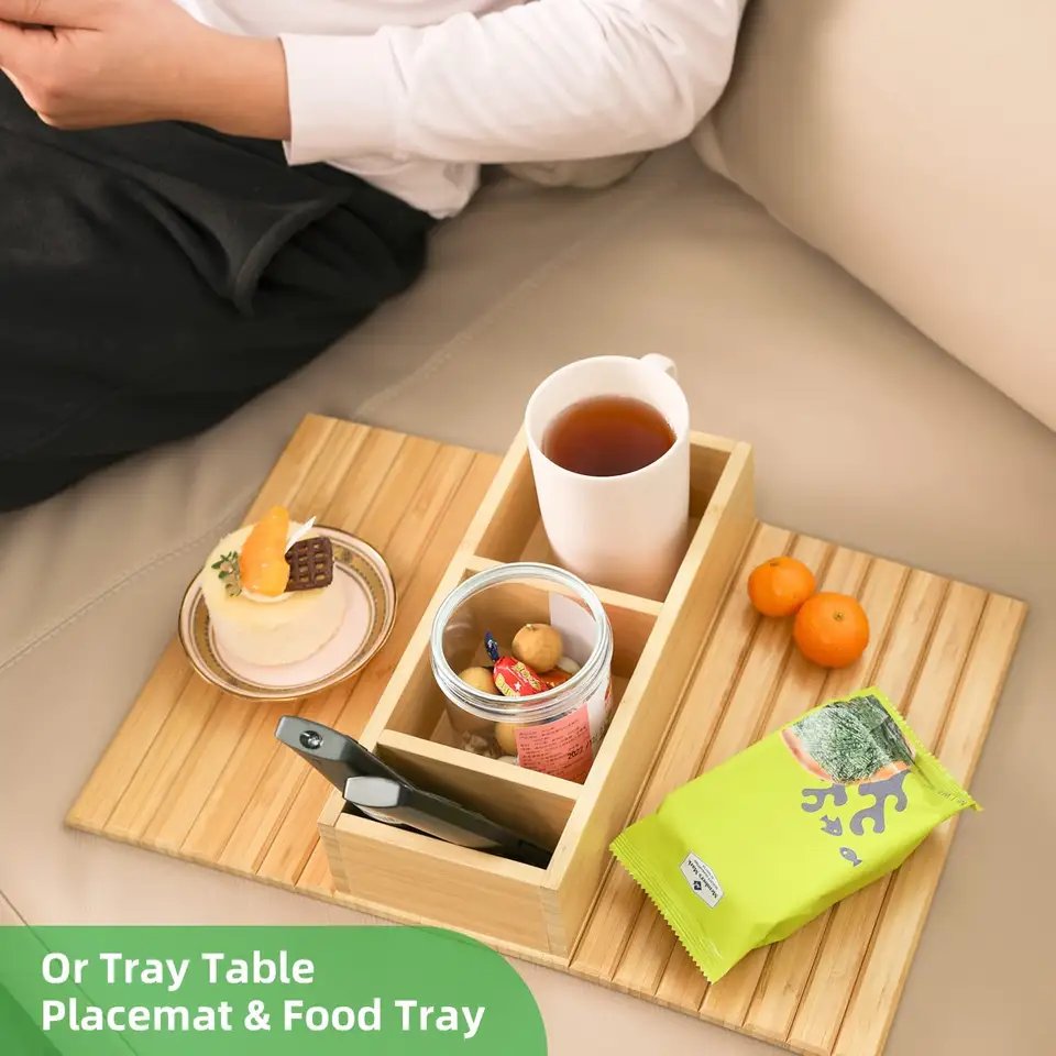 Bamboo Sofa Cup Holder Sofa Armrest Tray Couch Drink Holder Portable Couch Arm Tray Table for Remote/Snacks/Cup