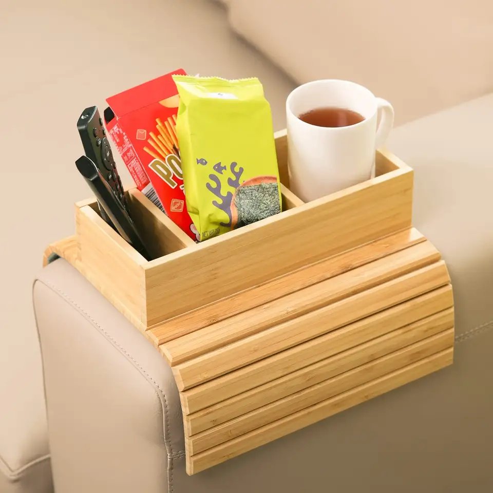 Bamboo Sofa Cup Holder Sofa Armrest Tray Couch Drink Holder Portable Couch Arm Tray Table for Remote/Snacks/Cup