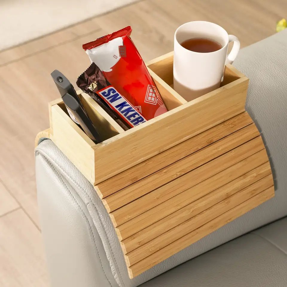 Bamboo Sofa Cup Holder Sofa Armrest Tray Couch Drink Holder Portable Couch Arm Tray Table for Remote/Snacks/Cup