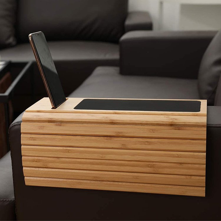 High Quality Stable and Solid Foldable Bamboo Sofa Couch Arm Storage Tray Table for Couch Armrest