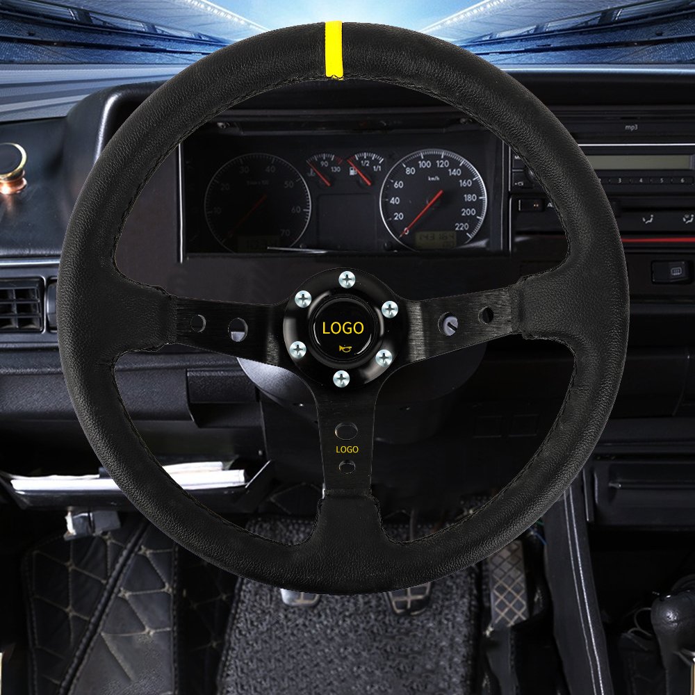 CAN CUSTOM 340mm Flat Racing Caliber Black And Yellow PVC Car Brand Universal Suede Leather Drifting Car Steering Wheel