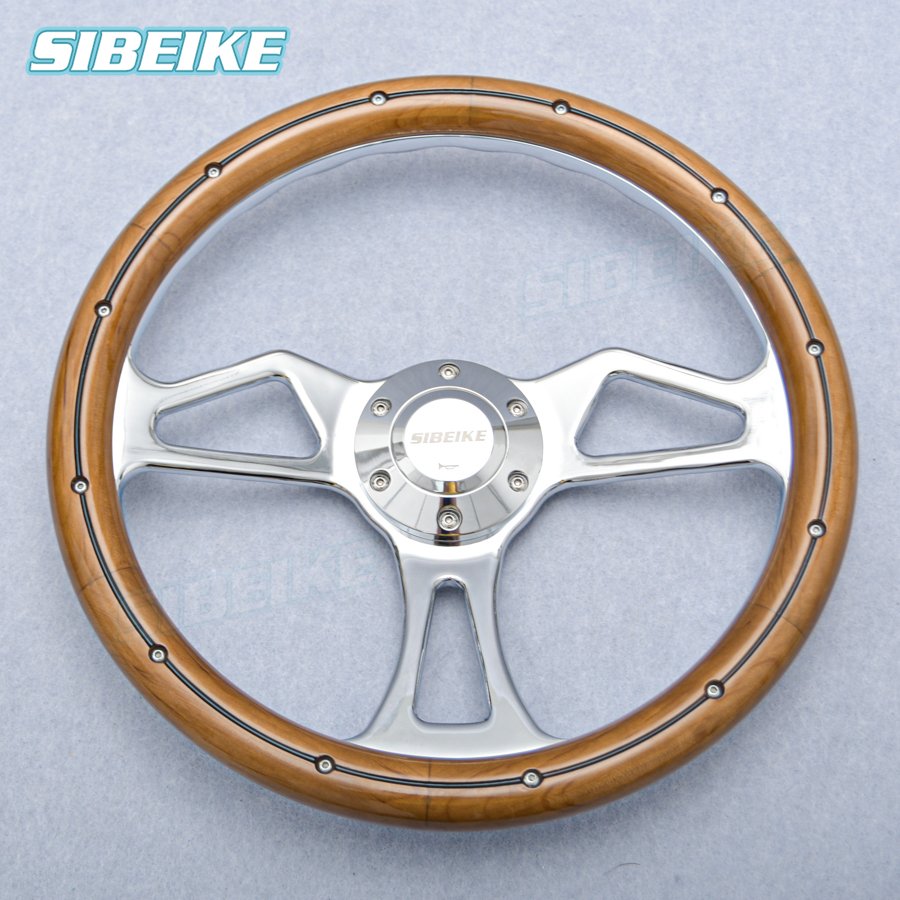 Sibeike 14inch Classic Real Wood Car Steering Wheel Universal Vintage Retro Sports Steering Wheel with Rivet